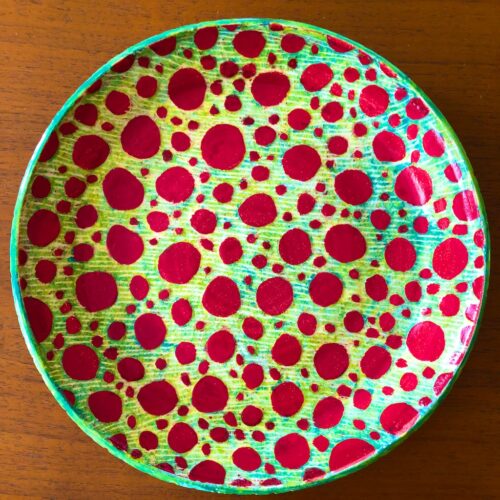 Wheel Thrown Plate with Red Spots on Green Background