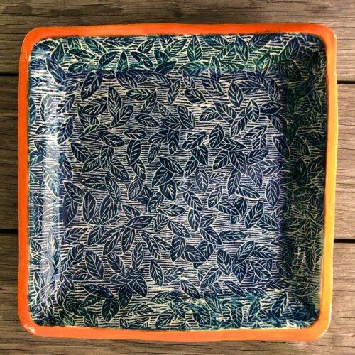 Square Salad Plate with Teal Leaves and Orange Rim