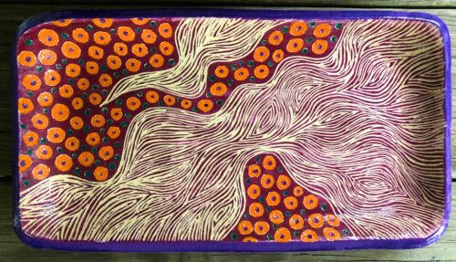 Oblong Plate with Maroon Bark and Orange Dots
