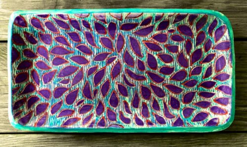 Oblong Plate with Plain Purple Leaves and Turquoise Edge