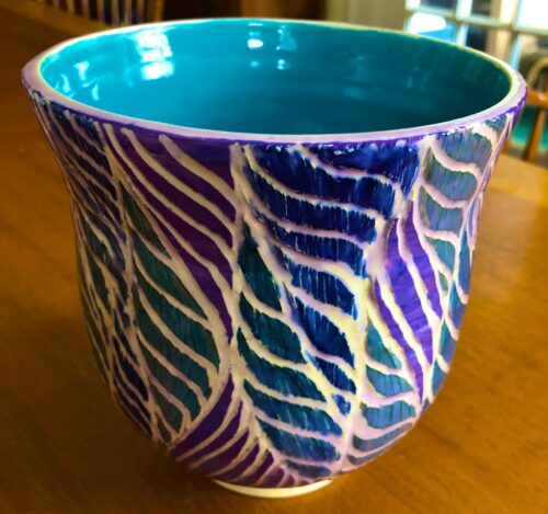 Deep Bowl with Pink Cast over Blue Carving