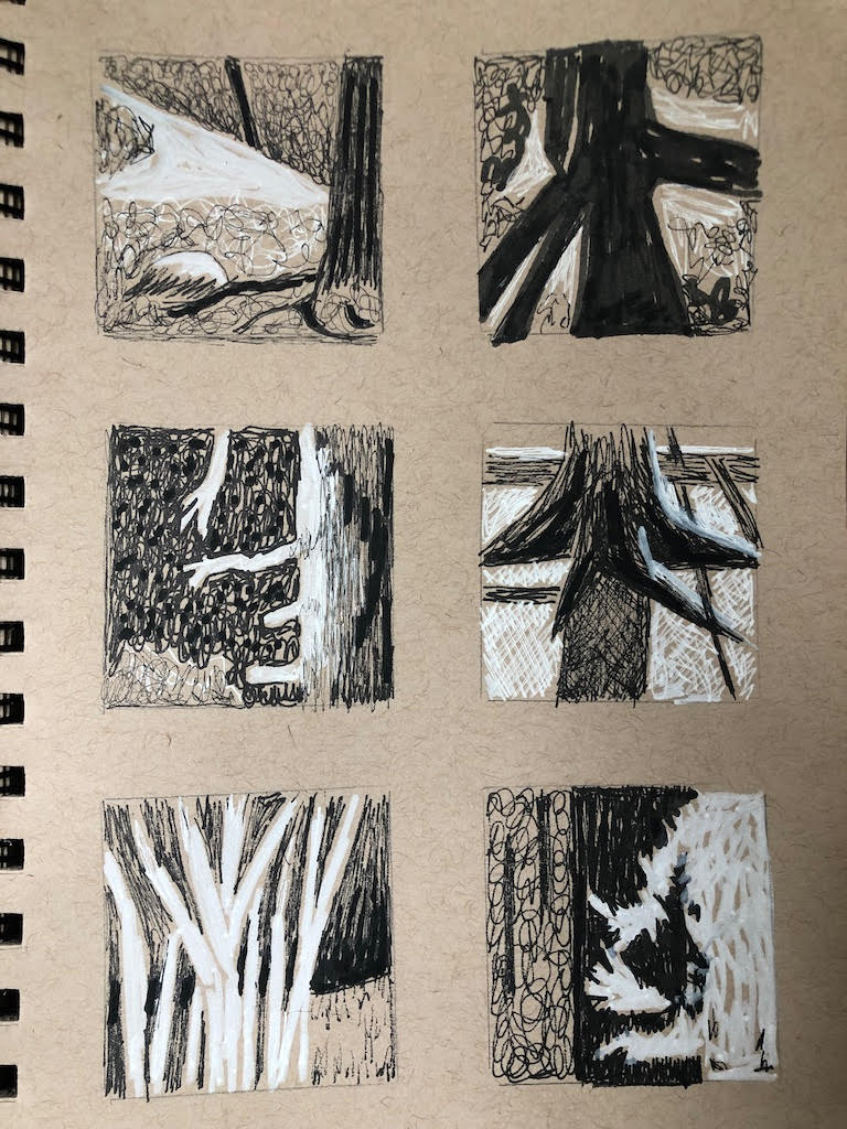 Sketches on walk with a viewfinder on toned paper 1