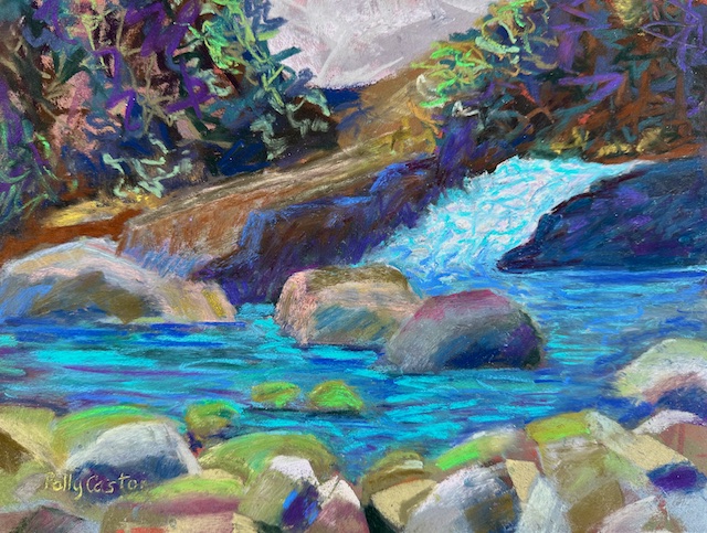 Small Falls into Rockport Bay, plein air pastel by Polly Castor
