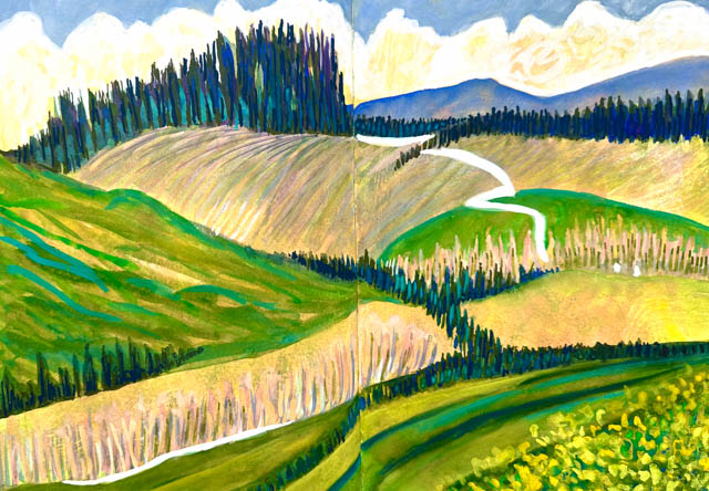 View from Villa (sketchbook page in gouache) by Polly Castor