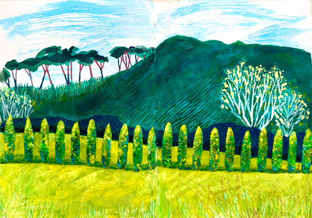 Drive by trees in Tuscany (sketchbook page in collage) by Polly Castor