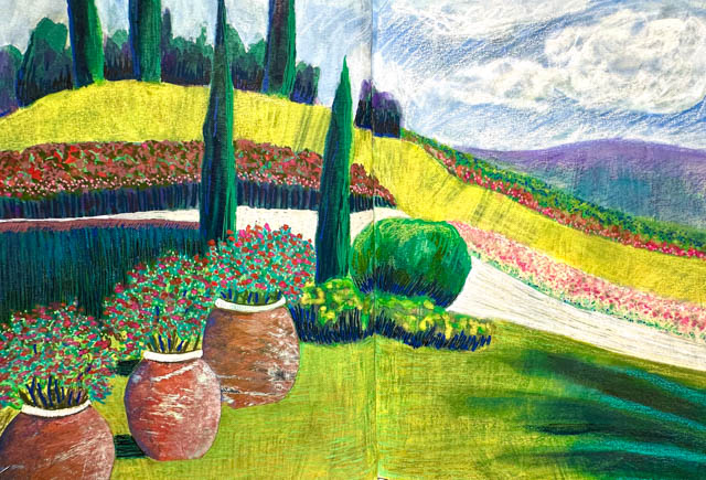 View from Castelfalfi Hotel (sketchbook page in gouache and collage) by Polly Castor