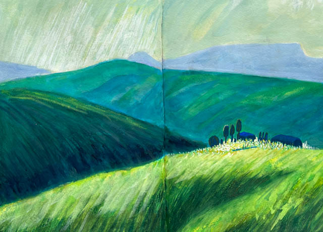 Tuscan Villa on a Hill (sketchbook page in gouache) by Polly Castor