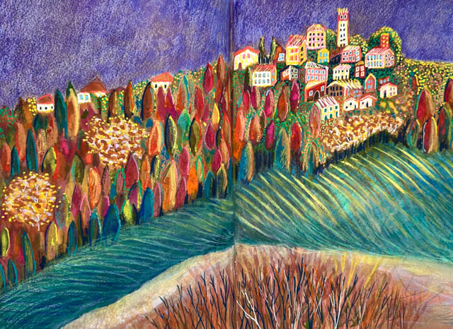 Evening Light on Yonder Hill (sketchbook page in gouache) by Polly Castor