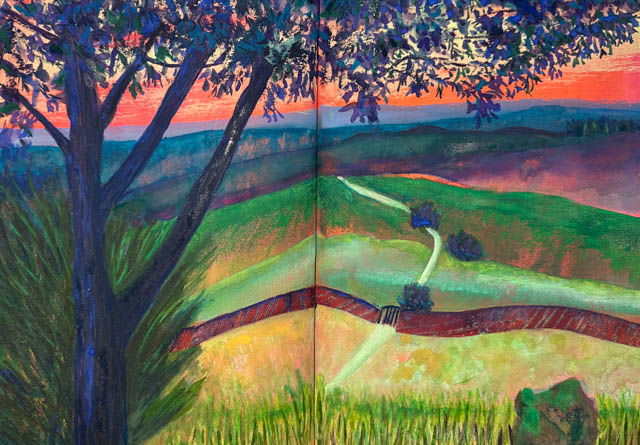 Sunrise View in Tuscany (sketchbook page in gouache) by Polly Castor