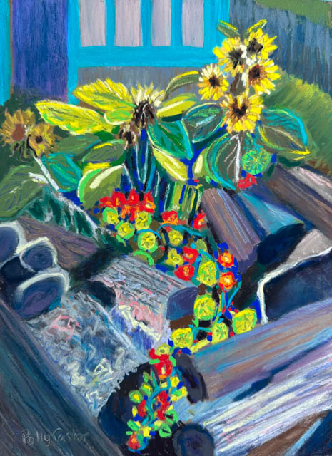 Flowers in the Mohegan Woodpile, plein air painting by Polly Castor