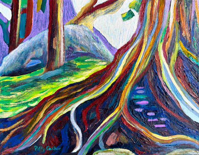 Roots of the Family Tree, anstract landscape oil painting by Polly Castor